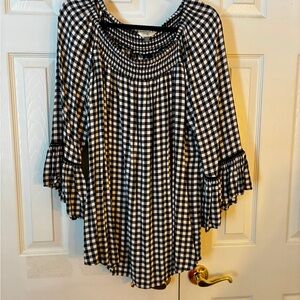 Terra & Sky Checkered Blouse with Ruffle Sleeves